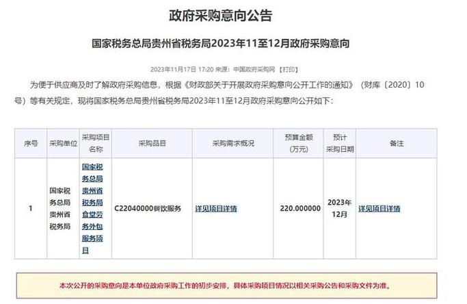貴州省稅務局食堂勞務外包服務項目尋求供應商,預算金額達220萬